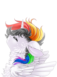 Size: 1482x1984 | Tagged: safe, artist:schokocream, imported from derpibooru, oc, oc only, oc:lightning bliss, alicorn, pony, alicorn oc, bust, chest fluff, eyes closed, female, horn, mare, simple background, smiling, solo, white background, wings