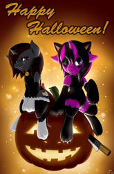 Size: 1597x2424 | Tagged: safe, artist:renatethepony, imported from derpibooru, oc, oc only, pony, unicorn, animal costume, bell, bell collar, cat bell, cat costume, clothes, collar, costume, crossdressing, duo, halloween, holiday, horn, jack-o-lantern, knife, looking at you, maid, male, one eye closed, open mouth, open smile, paw gloves, paw socks, pumpkin, smiling, stallion, unicorn oc, wink, winking at you