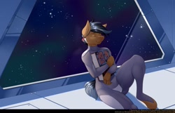 Size: 1280x824 | Tagged: safe, artist:renatethepony, imported from derpibooru, oc, oc only, anthro, earth pony, unguligrade anthro, book, clothes, earth pony oc, eyes closed, indoors, male, sitting, smiling, space
