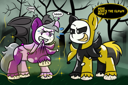 Size: 1157x768 | Tagged: safe, artist:tranzmuteproductions, imported from derpibooru, oc, oc:phoolery, oc:tranzmute, bat pony, pony, bat pony oc, biting, black sclera, clown, clown makeup, cursed, dialogue, duo, evil grin, eyes closed, grin, implied transformation, jester, latex, latex clothes, latex suit, pulling clothes, smiling, speech bubble, sweat, sweatdrops, teary eyes