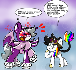 Size: 1024x943 | Tagged: safe, artist:tranzmuteproductions, imported from derpibooru, oc, oc only, oc:lightning bliss, oc:tranzmute, alicorn, bat pony, pony, abstract background, alicorn oc, angry, bat pony oc, bat wings, blushing, clown makeup, cross-popping veins, cursed, dialogue, emanata, eyelashes, eyes closed, female, goggles, horn, jester, latex, latex suit, laughing, lip bite, male, mare, open mouth, snickering, stallion, wings