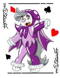 Size: 768x994 | Tagged: safe, artist:tranzmuteproductions, imported from derpibooru, oc, oc only, oc:tranzmute, bat pony, pony, bat pony oc, bat wings, bipedal, card, clown, clown makeup, clown nose, cursed, floppy ears, jester, latex, latex suit, male, open mouth, red nose, stallion, teary eyes, wings