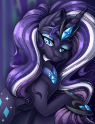 Size: 2550x3300 | Tagged: safe, artist:mychelle, imported from derpibooru, nightmare rarity, pony, unicorn, blue eyes, colored pupils, crown, ear fluff, ethereal mane, eyelashes, fabulous, female, flowing mane, gem, grin, high res, hoof shoes, horn, jewelry, looking down, purple background, purple mane, regalia, signature, simple background, smiling, solo, starry mane, teeth