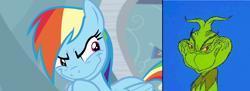 Size: 2944x1072 | Tagged: safe, edit, edited screencap, imported from derpibooru, screencap, rainbow dash, pegasus, pony, tanks for the memories, comparison, dr. seuss, female, folded wings, g4, male, mare, slowpoke, the grinch, wings