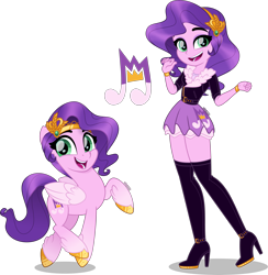 Size: 3911x4000 | Tagged: safe, artist:orin331, imported from derpibooru, pipp petals, pegasus, pony, equestria girls, accessory, belt, boots, bracelet, clothes, cute, cutie mark, duo, equestria girls-ified, eye clipping through hair, feathered fetlocks, female, g4, g5, g5 to equestria girls, g5 to g4, headband, high heel boots, high heels, high res, human pipp petals, human ponidox, jacket, jewelry, leather jacket, looking at you, mare, microskirt, miniskirt, movie accurate, my little pony: a new generation, open mouth, open smile, raised hoof, self ponidox, shoes, simple background, skirt, smiling, smiling at you, socks, thigh boots, thigh highs, tiptoe, transparent background