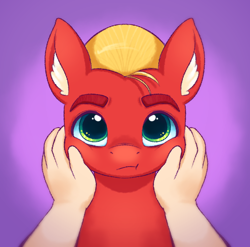 Size: 690x682 | Tagged: safe, artist:malarkey, imported from derpibooru, sprout cloverleaf, earth pony, human, pony, :t, cheek squish, cute, disembodied hand, g5, hand, hands on cheeks, looking at you, male, my little pony: a new generation, purple background, simple background, sproutbetes, squishy cheeks, stallion