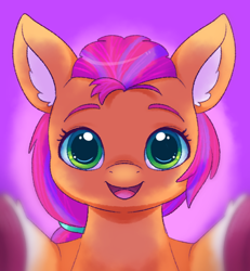 Size: 602x651 | Tagged: safe, artist:malarkey, imported from derpibooru, sunny starscout, earth pony, pony, abstract background, bust, coat markings, colored ear fluff, colored eyebrows, cute, depth of field, ear fluff, female, front view, full face view, g5, happy, looking at you, mare, my little pony: a new generation, offscreen character, open mouth, open smile, pov, smiling, smiling at you, socks (coat markings), solo, sunnybetes