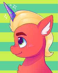 Size: 479x609 | Tagged: safe, artist:malarkey, imported from derpibooru, sprout cloverleaf, earth pony, pony, fake horn, g5, male, my little pony: a new generation, solo, stallion, striped background