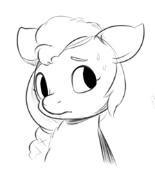Size: 360x402 | Tagged: safe, artist:malarkey, imported from derpibooru, sunny starscout, earth pony, pony, anxious, black and white, bust, female, g5, grayscale, mare, monochrome, my little pony: a new generation, simple background, sketch, solo, sweat, sweatdrop, white background, worried