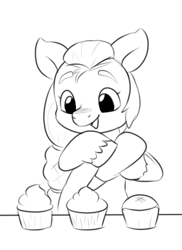 Size: 367x504 | Tagged: safe, artist:malarkey, imported from derpibooru, sunny starscout, earth pony, pony, black and white, cupcake, decorating, female, food, g5, grayscale, hoof hold, icing bag, mare, monochrome, my little pony: a new generation, simple background, sketch, solo, white background