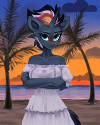 Size: 2000x2500 | Tagged: safe, alternate version, artist:zlatavector, imported from derpibooru, oc, oc only, oc:glitter comet, anthro, unicorn, beach, blushing, clothes, dress, female, high res, horn, mare, solo