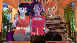 Size: 1920x1080 | Tagged: safe, artist:anthroponiessfm, imported from derpibooru, oc, oc:atari, oc:maple cake, oc:raven storm, anthro, 3d, anniversary, anthro oc, cake, clothes, dress, female, food, happy, holding hands, jeans, looking at you, pants, source filmmaker, sweater, wholesome