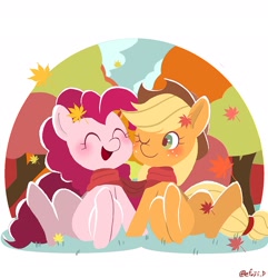 Size: 1971x2043 | Tagged: safe, artist:efuji_d, imported from derpibooru, applejack, pinkie pie, earth pony, pony, autumn, blushing, clothes, cute, diapinkes, eyes closed, female, grass, jackabetes, leaves, mare, one eye closed, open mouth, open smile, scarf, shared clothing, shared scarf, sitting, smiling, tree