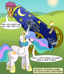 Size: 1854x2139 | Tagged: safe, artist:doodledonutart, imported from derpibooru, princess celestia, scootaloo, alicorn, pegasus, pony, butt, cannon, crown, cute, dialogue, duo, duo female, female, flying lesson, glowing, glowing horn, horn, impending doom, jewelry, magic, magic aura, mare, plot, pony cannonball, regalia, scootaloo can't fly, silly, speech bubble, tally marks, telekinesis, this will not end well, to the moon, trollestia, wings