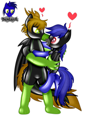 Size: 3377x4154 | Tagged: safe, artist:damlanil, imported from derpibooru, oc, oc only, oc:guningames, oc:sweet melody, bat pony, dragon, pony, bat pony oc, catsuit, clothes, commission, dragon oc, duo, female, femboy, floating heart, gloves, happy, heart, high res, latex, latex suit, male, mare, rubber, shiny, shiny mane, show accurate, simple background, snuggling, stallion, suit, transparent background, vector, wings