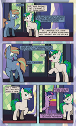 Size: 1920x3169 | Tagged: safe, artist:alexdti, imported from derpibooru, twilight sparkle, oc, oc:brainstorm (alexdti), oc:star logic, alicorn, pony, unicorn, comic:quest for friendship, comic, female, grammar error, high res, horn, male, mare, misspelling, speech bubble, stallion, trio, twilight sparkle (alicorn), unicorn oc