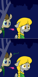 Size: 650x1302 | Tagged: safe, artist:toadstool-prancer, imported from derpibooru, derpy hooves, doctor whooves, time turner, oc, oc:tantamount, earth pony, pegasus, pony, braid, clothes, disguise, disguised changeling, dress, female, flower, male, straight, tantamount time turner