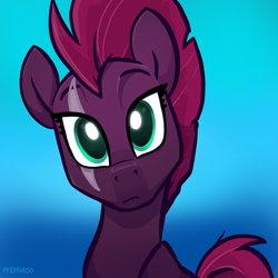 Size: 2048x2048 | Tagged: safe, artist:pfeffaroo, imported from derpibooru, fizzlepop berrytwist, tempest shadow, pony, bust, eye scar, female, front view, full face view, gradient background, head tilt, high res, looking at you, mare, missing horn, portrait, scar, solo