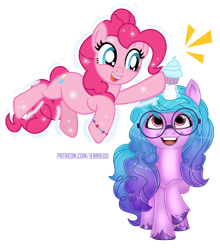 Size: 878x1000 | Tagged: safe, artist:jennieoo, imported from derpibooru, izzy moonbow, pinkie pie, earth pony, pony, unicorn, cupcake, female, food, g4, g5, glasses, happy, horn, horn impalement, impalement, izzy and her heroine, magic, my little pony: a new generation, open mouth, raised hoof, show accurate, simple background, smiling, transparent background