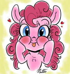 Size: 1322x1386 | Tagged: safe, artist:smirk, imported from derpibooru, pinkie pie, pony, :p, blushing, bust, caricature, cute, female, heart, solo, tongue out