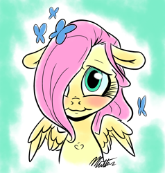 Size: 1322x1386 | Tagged: safe, artist:smirk, imported from derpibooru, fluttershy, butterfly, pegasus, pony, :i, blushing, bust, caricature, cheeks, female, floppy ears, front view, full face view, hair over one eye, looking at you, smiling, solo, spread wings, wings, younger