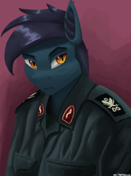 Size: 1000x1346 | Tagged: safe, artist:vezja, imported from derpibooru, oc, anthro, bat pony, bust, clothes, ear fluff, emblem, iran, male, pocket, portrait, qasem soleimani, raised eyebrow, simple background, stallion, uniform