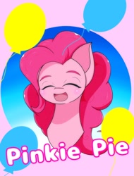 Size: 1554x2048 | Tagged: safe, artist:zeon_starlight, imported from derpibooru, pinkie pie, earth pony, pony, balloon, bust, eyes closed, female, open mouth, open smile, smiling, solo