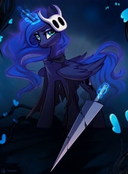 Size: 1616x2200 | Tagged: safe, artist:taneysha, imported from derpibooru, princess luna, alicorn, pony, chest fluff, cloak, clothes, crossover, female, hollow knight, looking at you, magic, mare, solo, sword, telekinesis, torn clothes, weapon