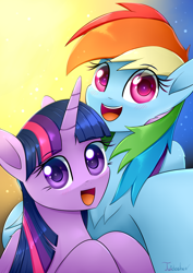 Size: 2480x3507 | Tagged: safe, artist:twidasher, imported from derpibooru, rainbow dash, twilight sparkle, alicorn, pegasus, pony, blushing, chest fluff, cute, dashabetes, duo, eye clipping through hair, eyebrows, eyebrows visible through hair, feather, female, heart eyes, high res, lesbian, looking at you, mare, open mouth, open smile, selfie, shipping, signature, smiling, smiling at you, twiabetes, twidash, twilight sparkle (alicorn), wingding eyes