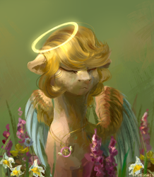 Size: 1024x1172 | Tagged: safe, artist:ottcat23, imported from derpibooru, oc, oc only, pegasus, pony, bust, colored wings, daffodil, eyes closed, female, floppy ears, flower, green background, halo, jewelry, necklace, simple background, solo, three quarter view, two toned wings, wings
