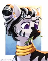 Size: 3008x3839 | Tagged: safe, artist:helemaranth, imported from derpibooru, oc, oc only, pony, zebra, abstract background, ear piercing, earring, high res, jewelry, male, mouth hold, neck rings, piercing, quadrupedal, smiling, solo, stallion