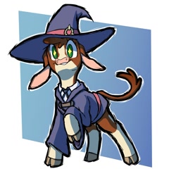 Size: 1316x1369 | Tagged: safe, artist:swayedy, imported from derpibooru, cow, them's fightin' herds, arizona (tfh), clothes, cloven hooves, community related, costume, halloween, halloween costume, hat, little witch academia, solo, witch hat