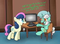 Size: 4940x3680 | Tagged: safe, artist:background basset, imported from derpibooru, bon bon, lyra heartstrings, sweetie drops, earth pony, pony, unicorn, computer, dialogue, female, l.u.l.s., lesbian, lyrabon, nft, open mouth, open smile, shipping, shocked, sitting, smiling, text, this will end in a night on the couch, this will end in divorce, this will not end well