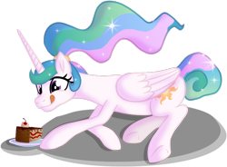 Size: 844x620 | Tagged: safe, artist:schattenspielrex, imported from derpibooru, princess celestia, alicorn, pony, alternate hairstyle, cake, cakelestia, cute, cutelestia, female, food, licking, licking lips, lying down, missing accessory, ponytail, prone, shiny mane, simple background, solo, tongue out, transparent background, underhoof
