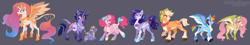 Size: 4308x782 | Tagged: safe, artist:dogstoof, imported from derpibooru, applejack, fluttershy, pinkie pie, princess celestia, rainbow dash, rarity, spike, twilight sparkle, alicorn, bicorn, classical unicorn, dragon, earth pony, pegasus, pony, unicorn, alternate cutie mark, alternate design, armor, bag, bandana, bow, broken horn, chest fluff, cloven hooves, coat markings, colored eyelashes, colored hooves, colored wings, cowboy hat, curved horn, duo, earth pony rarity, facial hair, facial markings, female, flower, flower in hair, flower in tail, gem, glasses, goatee, hair bow, hair over one eye, hair wrap, hat, heart eyes, horn, horn jewelry, jewelry, kerchief, leash, leonine tail, line-up, male, mane seven, mane six, mare, multicolored hooves, multiple horns, open mouth, open smile, pale belly, pincushion, race swap, rarity's glasses, redesign, saddle bag, simple background, sitting, smiling, snip (coat marking), socks (coat markings), spread wings, standing, tail, tail bow, tail feathers, tail jewelry, three quarter view, two toned wings, unicorn pinkie pie, unicorn twilight, unshorn fetlocks, wing armor, wingding eyes, winged spike, wings