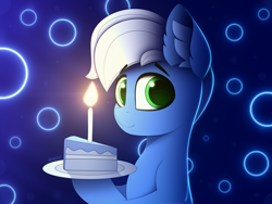 Size: 4000x3000 | Tagged: safe, artist:alexbefest, imported from derpibooru, oc, oc only, oc:bluejam, earth pony, pony, blue, blue background, cake, candle, commission, cute, ear fluff, food, green eyes, happy birthday, looking at you, male, neon, simple background, solo, white mane