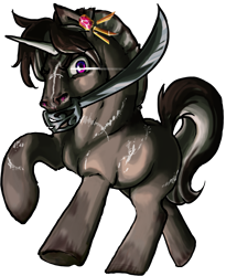 Size: 1771x2156 | Tagged: safe, artist:saby, derpibooru exclusive, imported from derpibooru, oc, oc only, oc:plankwalker, oc:sevendre, pony, unicorn, canter, charging, coat markings, colored horn, dun, ear piercing, earring, facial markings, flared nostrils, full body, galloping, glare, horn, jewelry, looking at you, male, mouth hold, piercing, roached mane, running, saber, scar, scarred, simple background, solo, stallion, stripe (coat marking), the last summer, transparent background, underhoof, weapon