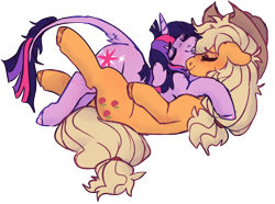 Size: 1354x1008 | Tagged: safe, artist:lullabyprince, imported from derpibooru, applejack, twilight sparkle, earth pony, pony, unicorn, cuddling, duo, female, leonine tail, lesbian, shipping, simple background, tail, transparent background, twijack, unicorn twilight