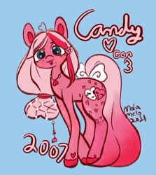 Size: 933x1045 | Tagged: safe, artist:molamelo, imported from derpibooru, pony, blue background, candy heart, candy heart (g3), female, raspberry, simple background, smiling, solo, tongue out