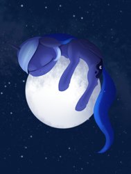 Size: 894x1182 | Tagged: safe, artist:dusthiel, imported from derpibooru, princess luna, alicorn, pony, cute, eyes closed, female, floppy ears, folded wings, full moon, lunabetes, mare, moon, night, night sky, novembrush, sky, sleeping, sleeping on moon, solo, stars, tangible heavenly object, wings