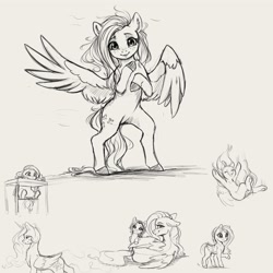 Size: 4000x4000 | Tagged: safe, artist:miokomata, imported from derpibooru, fluttershy, princess celestia, oc, oc:mio, alicorn, pegasus, pony, semi-anthro, bipedal, chair, cute, female, freckles, freckleshy, grayscale, highchair, looking at you, looking back, looking back at you, lying down, mare, monochrome, one wing out, open mouth, open smile, prone, shyabetes, simple background, sketch, sketch dump, smiling, smiling at you, wings