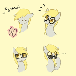 Size: 3000x3000 | Tagged: safe, artist:manicpanda, imported from derpibooru, derpy hooves, pegasus, pony, ..., bust, cute, derpabetes, dialogue, emanata, eye clipping through hair, eyes closed, female, glasses, high res, implied twilight sparkle, magic, magic aura, meganekko, simple background, solo focus, sunglasses, telekinesis, underp, yellow background