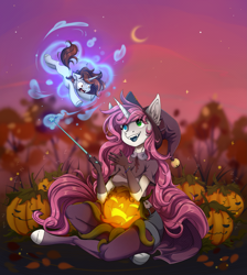 Size: 2989x3333 | Tagged: safe, artist:1an1, imported from derpibooru, oc, oc only, anthro, pony, unguligrade anthro, unicorn, fangs, female, halloween, heterochromia, high res, holiday, jack-o-lantern, levitation, magic, magic wand, male, pumpkin, put me down, telekinesis