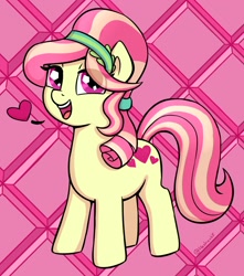 Size: 1428x1616 | Tagged: safe, artist:heretichesh, imported from derpibooru, ruby love, scarlet heart, crystal pony, earth pony, pony, abstract background, chubby, eye clipping through hair, female, heart, looking at you, mare, open mouth, open smile, plump, smiling, solo