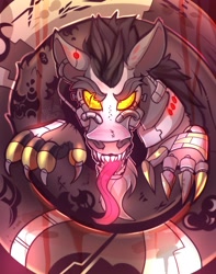 Size: 1500x1900 | Tagged: safe, artist:freak-side, imported from derpibooru, discord, cyborg, draconequus, robot, claws, cyberpunk, glowing, glowing eyes, metal, sharp nails, sharp teeth, solo, symbol, teeth, tongue out