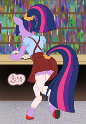 Size: 840x1200 | Tagged: safe, alternate version, artist:sepiakeys, imported from derpibooru, twilight sparkle, anthro, unguligrade anthro, alternate hairstyle, book, clothes, female, ponytail, skirt, solo, stockings, thigh highs