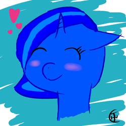 Size: 1162x1162 | Tagged: safe, artist:deltathepone, imported from derpibooru, oc, oc only, oc:blue vector, pony, unicorn, adorable face, blushing, bust, cute, eyes closed, female, floating heart, floppy ears, heart, horn, mare, ocbetes, portrait, smiling, solo, two toned mane, unicorn oc