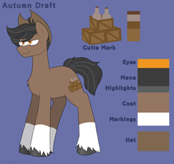 Size: 2187x2052 | Tagged: safe, artist:2k.bugbytes, imported from ponybooru, oc, oc only, oc:autumn draft, earth pony, pony, black mane, black tail, brown coat, chest fluff, coat markings, cowboy hat, draft horse, earth pony oc, hat, male, purple background, reference sheet, simple background, smiling, socks (coat marking), stallion, text, unshorn fetlocks