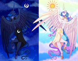 Size: 2250x1750 | Tagged: safe, artist:damon_ekel, imported from derpibooru, princess celestia, princess luna, alicorn, anthro, unguligrade anthro, clothes, dress, eyes closed, female, hoof shoes, moon, siblings, sisters, spread wings, sun, wings