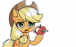 Size: 2048x1272 | Tagged: safe, artist:babtyu, imported from twibooru, applejack, earth pony, apple, cowboy hat, food, hat, image, needs more jpeg, pencil, simple background, stetson, white background